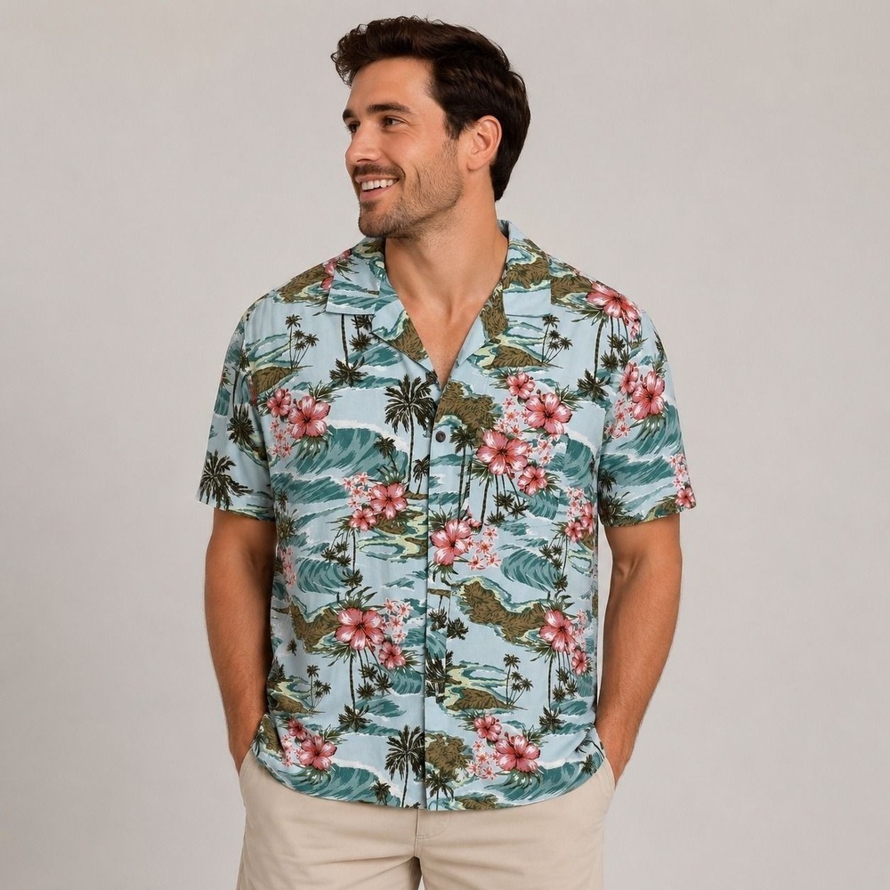 George Mens Tropical Floral Hawaiian Shirt Blue Pink Palm Tree Aloha Size S 0130